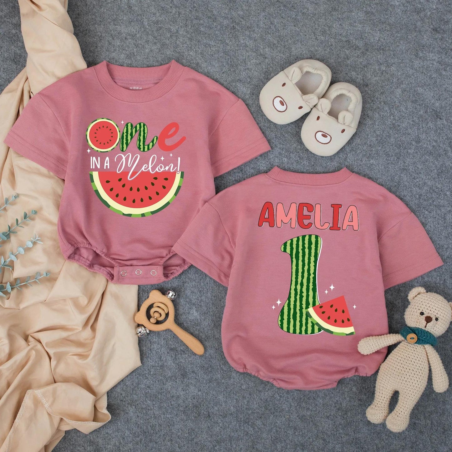 Custom One in a Melon Baby Bubble Romper Adorable First Birthday Girl Outfit Cute Watermelon Summer Baby Clothes Toddler Gift