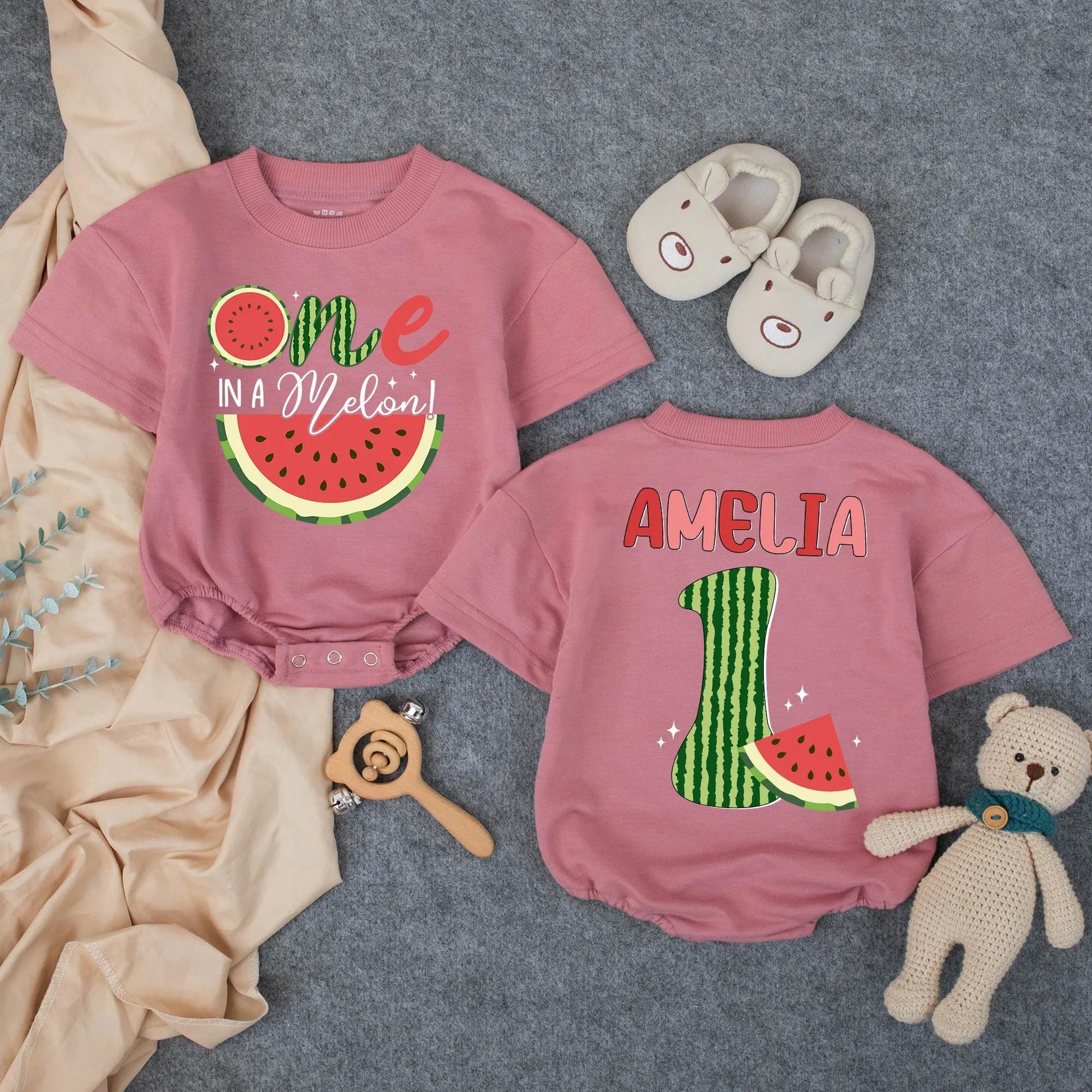 Custom One in a Melon Baby Bubble Romper Adorable First Birthday Girl Outfit Cute Watermelon Summer Baby Clothes Toddler Gift