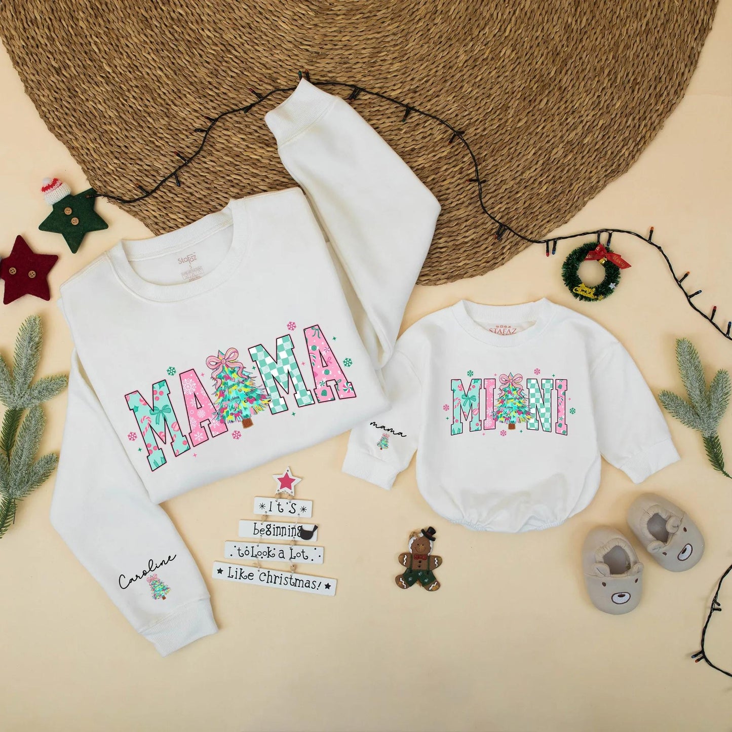 Mama Mini Matching Christmas Sweatshirt Set Pink Turquoise Holiday Outfits for Mom Baby Girl Cute Festive Plaid Snowflake Tree Sweater