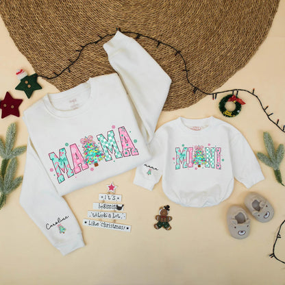 Mama Mini Matching Christmas Sweatshirt Set Pink Turquoise Holiday Outfits for Mom Baby Girl Cute Festive Plaid Snowflake Tree Sweater