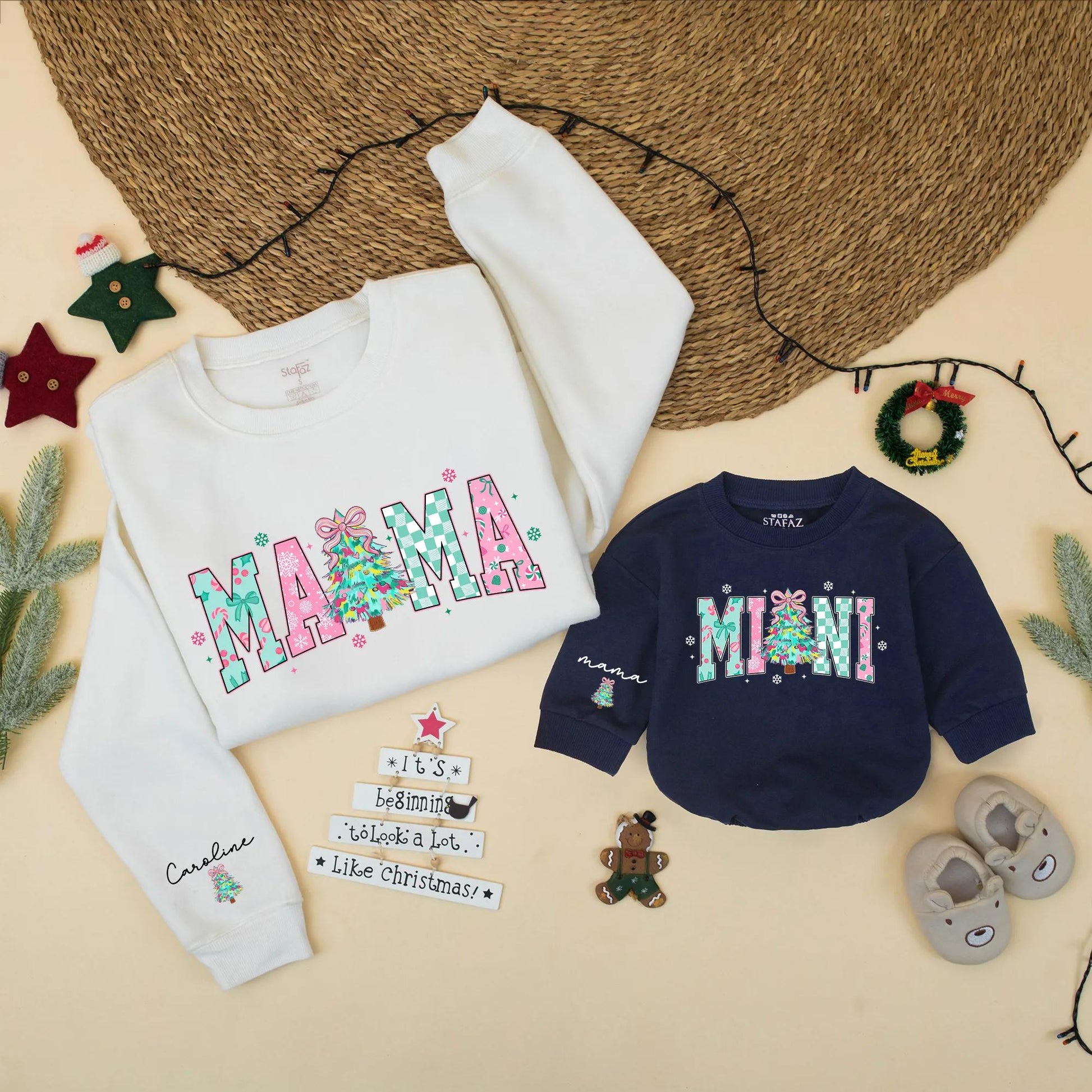 Mama Mini Matching Christmas Sweatshirt Set Pink Turquoise Holiday Outfits for Mom Baby Girl Cute Festive Plaid Snowflake Tree Sweater