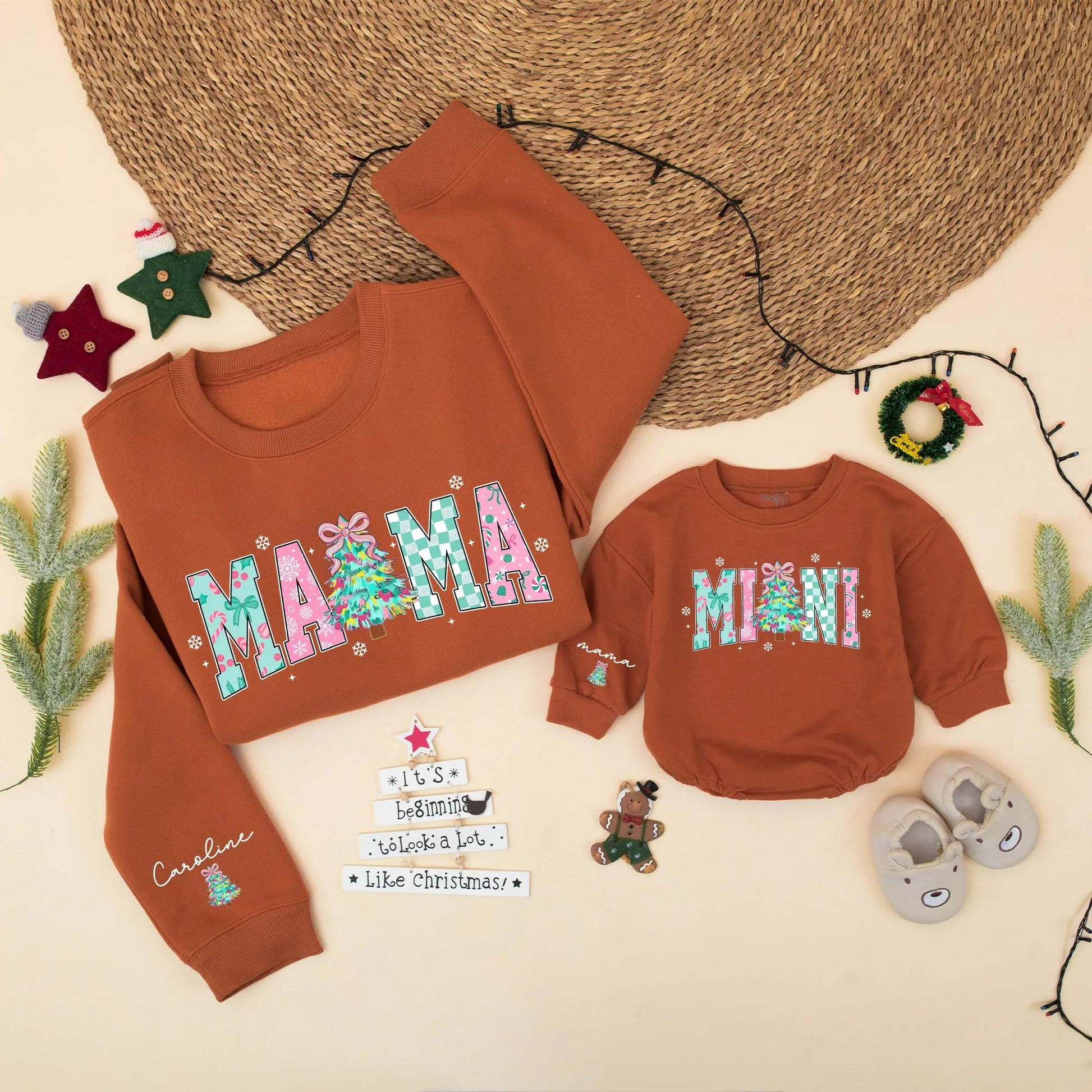 Mama Mini Matching Christmas Sweatshirt Set Pink Turquoise Holiday Outfits for Mom Baby Girl Cute Festive Plaid Snowflake Tree Sweater