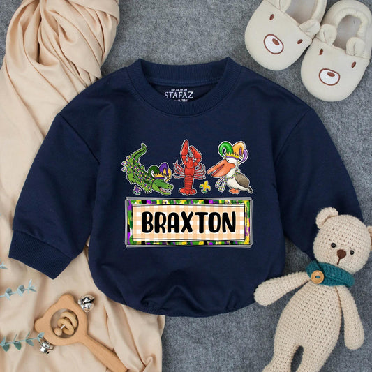 Personalized Cajun Baby Romper Louisiana Boy Outfit featuring Alligator Crawfish Pelican, Southern Toddler Clothes Unique Gift