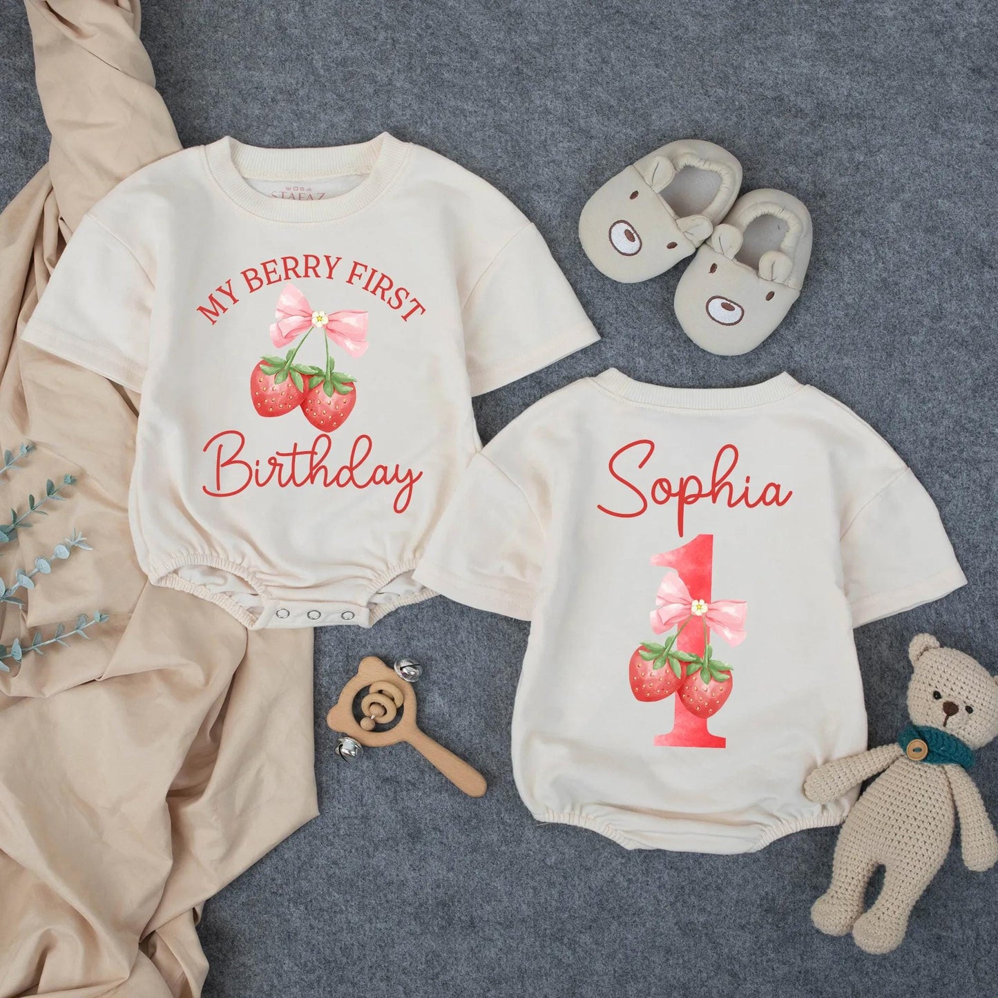 Personalized Berry Sweet One Strawberry Girl First Birthday Bubble Romper Cake Smash Outfit Toddler Fruit Theme Baby Girl Clothes