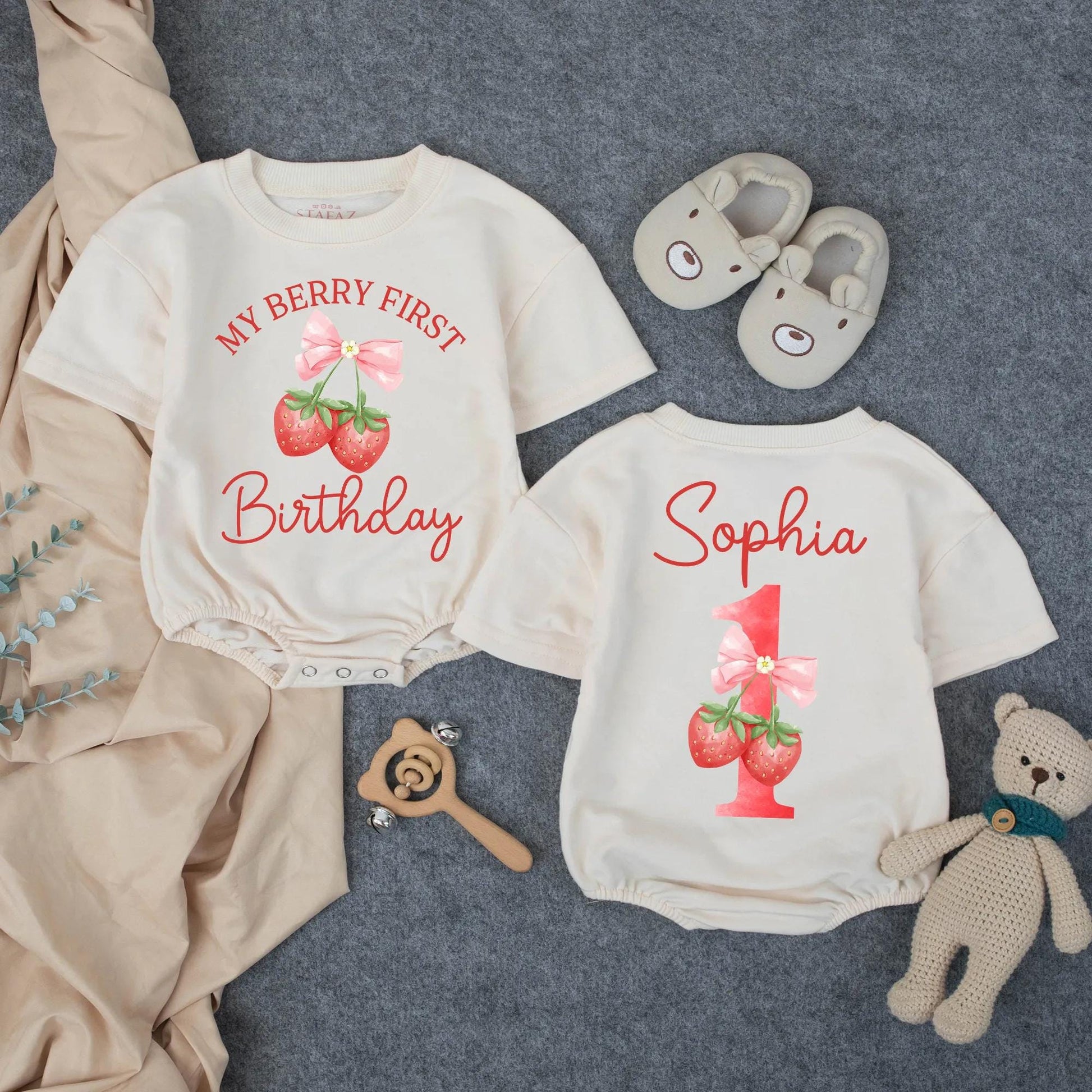 Personalized Berry Sweet One Strawberry Girl First Birthday Bubble Romper Cake Smash Outfit Toddler Fruit Theme Baby Girl Clothes