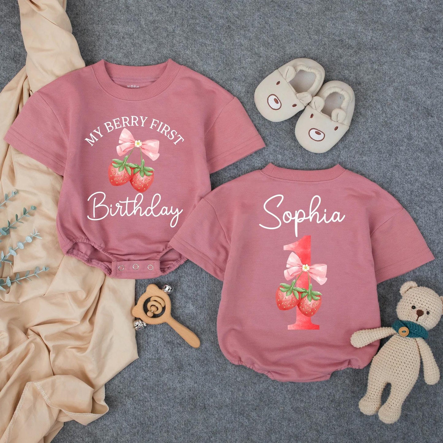 Personalized Berry Sweet One Strawberry Girl First Birthday Bubble Romper Cake Smash Outfit Toddler Fruit Theme Baby Girl Clothes
