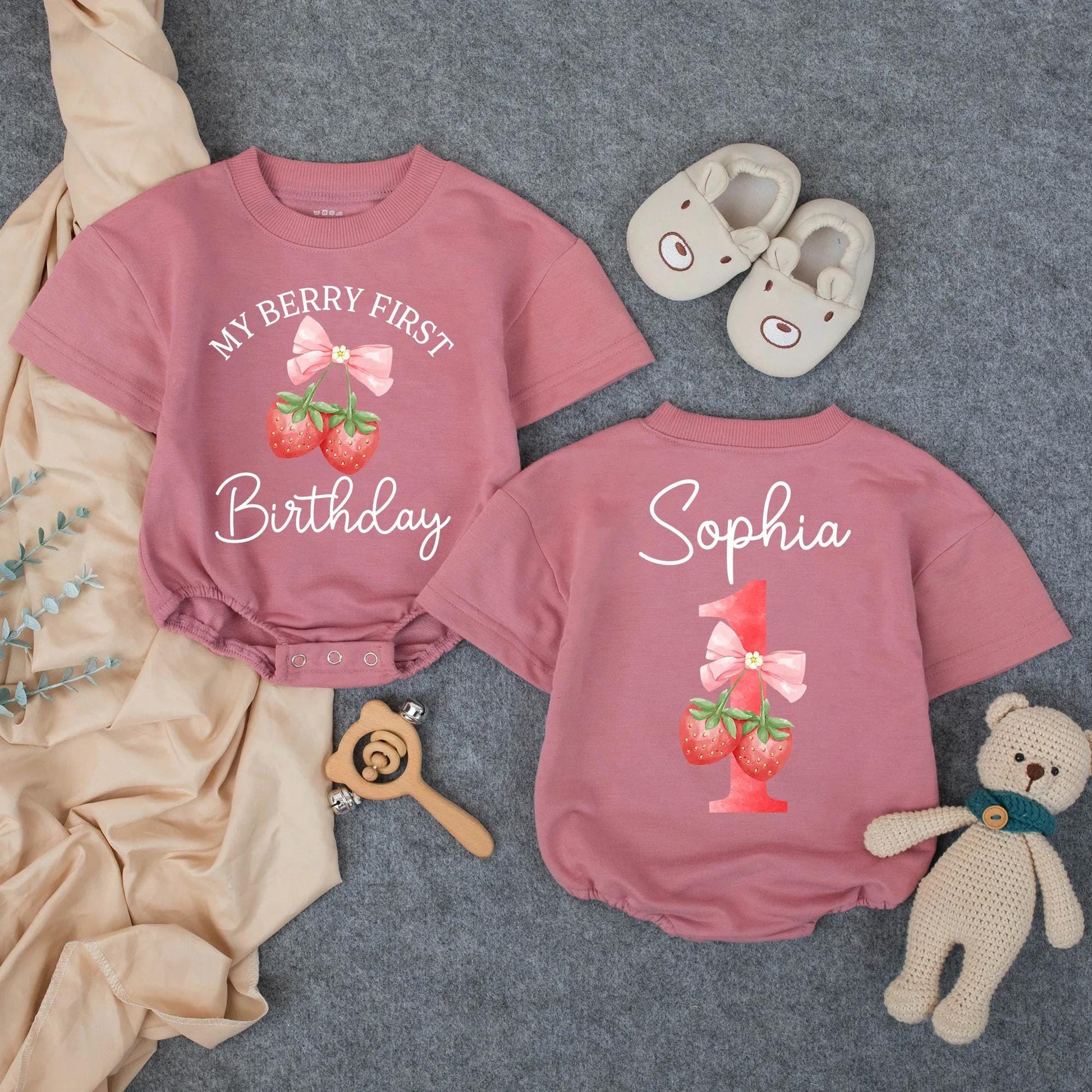 Personalized Berry Sweet One Strawberry Girl First Birthday Bubble Romper Cake Smash Outfit Toddler Fruit Theme Baby Girl Clothes