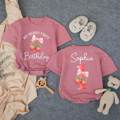 Personalized Berry Sweet One Strawberry Girl First Birthday Bubble Romper Cake Smash Outfit Toddler Fruit Theme Baby Girl Clothes