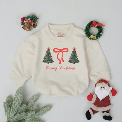 Cute Christmas Tree Bubble Romper Baby's First Christmas Outfit Holiday Bodysuit Newborn Xmas Gift Cheerful Green Trees Red Bow Clothes, 134 chars