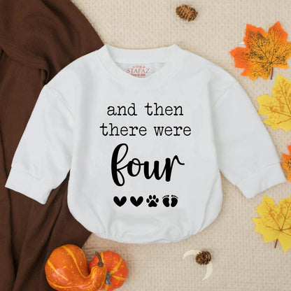 And Then There Were Four Baby Announcement Bubble Romper with Hearts Paw Print Footprints, a sweet Pregnancy Reveal Outfit or New Sibling Gift