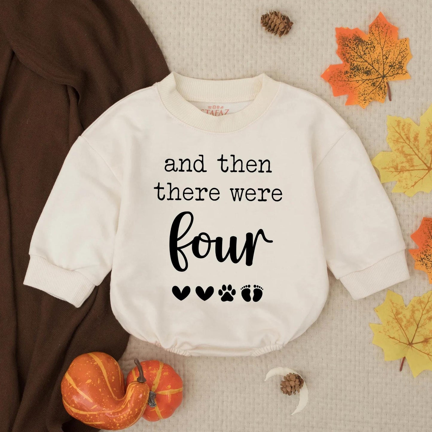 And Then There Were Four Baby Announcement Bubble Romper with Hearts Paw Print Footprints, a sweet Pregnancy Reveal Outfit or New Sibling Gift