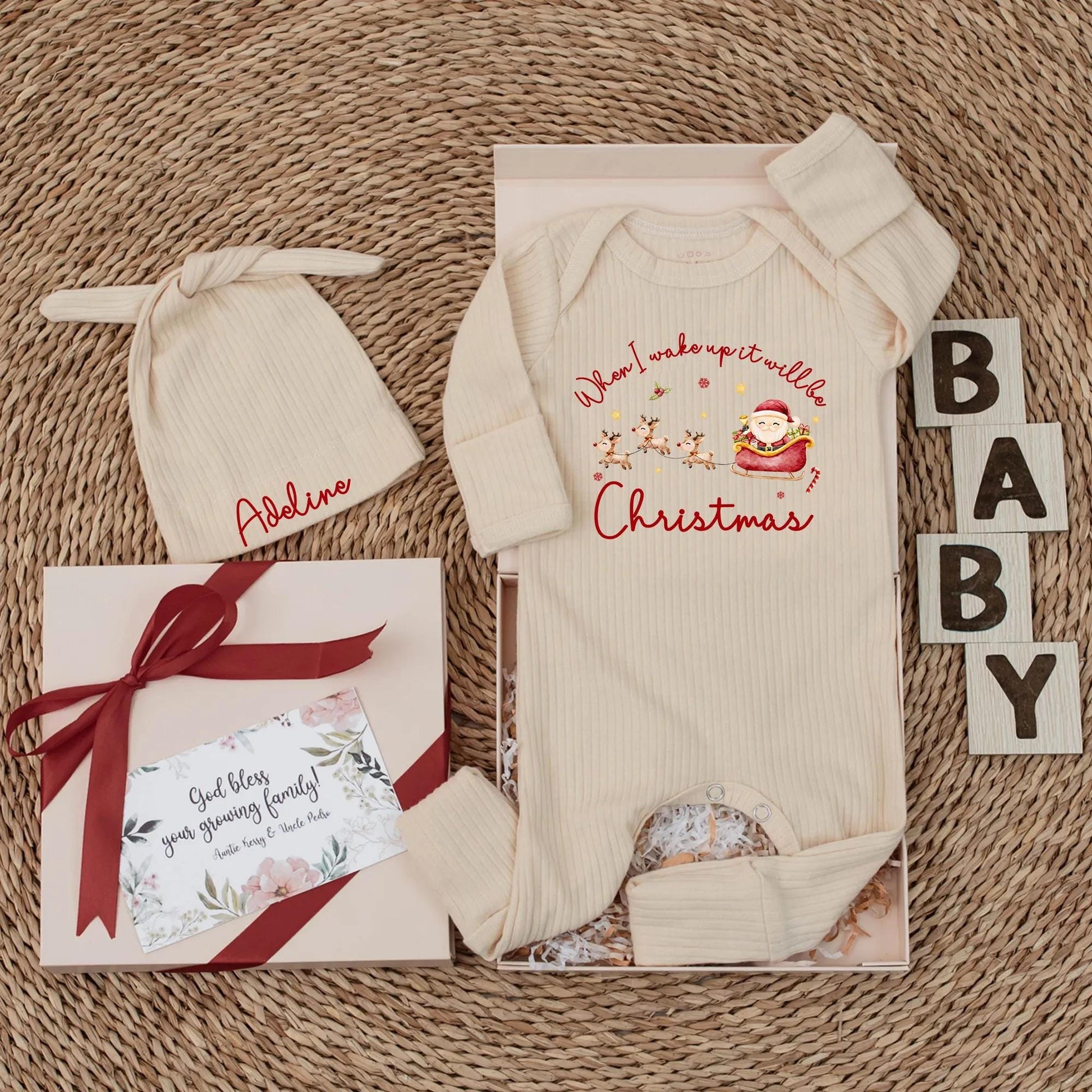 When I Wake Up It Will Be Christmas Baby Bodysuit Personalized Newborn Gift Santa Reindeer Outfit Xmas Baby Shower Present