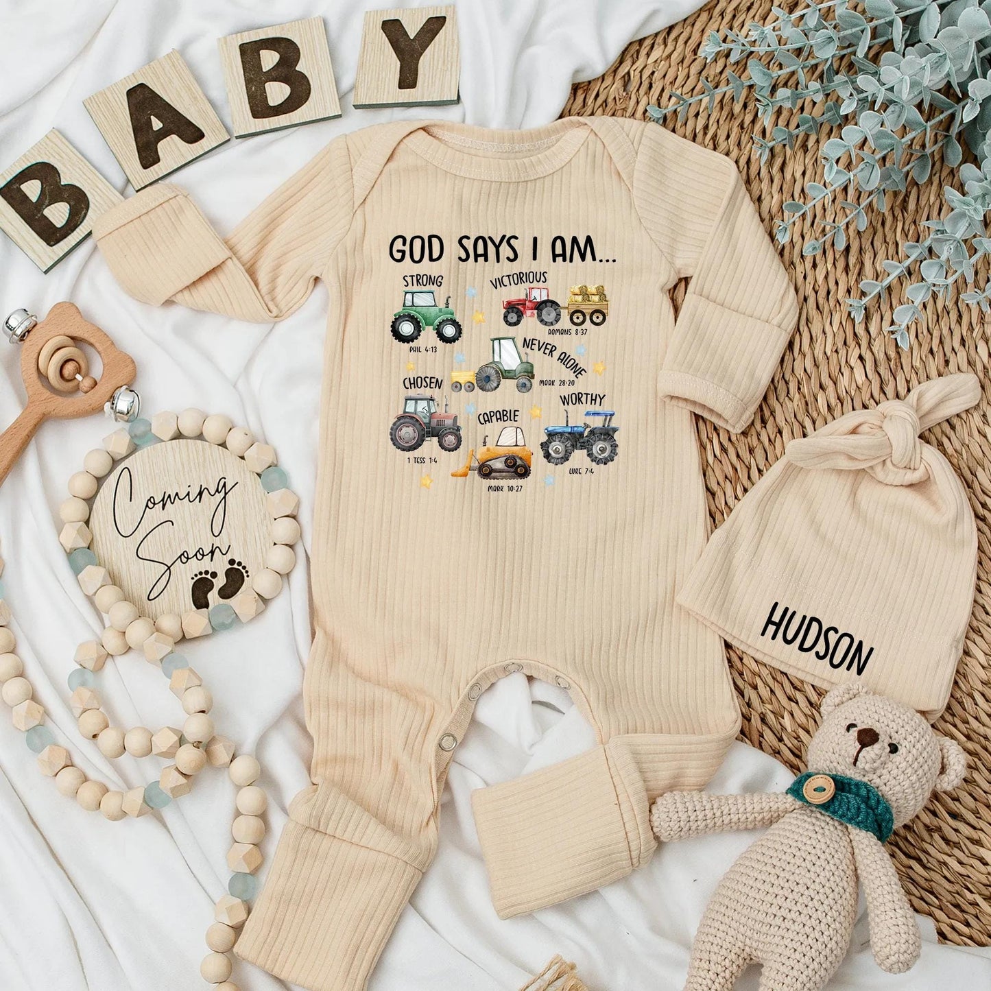 God Says I Am Baby Boy Bodysuit Farm Tractor Outfit Christian Gift Newborn Baby Shower, Bible Verse Romper