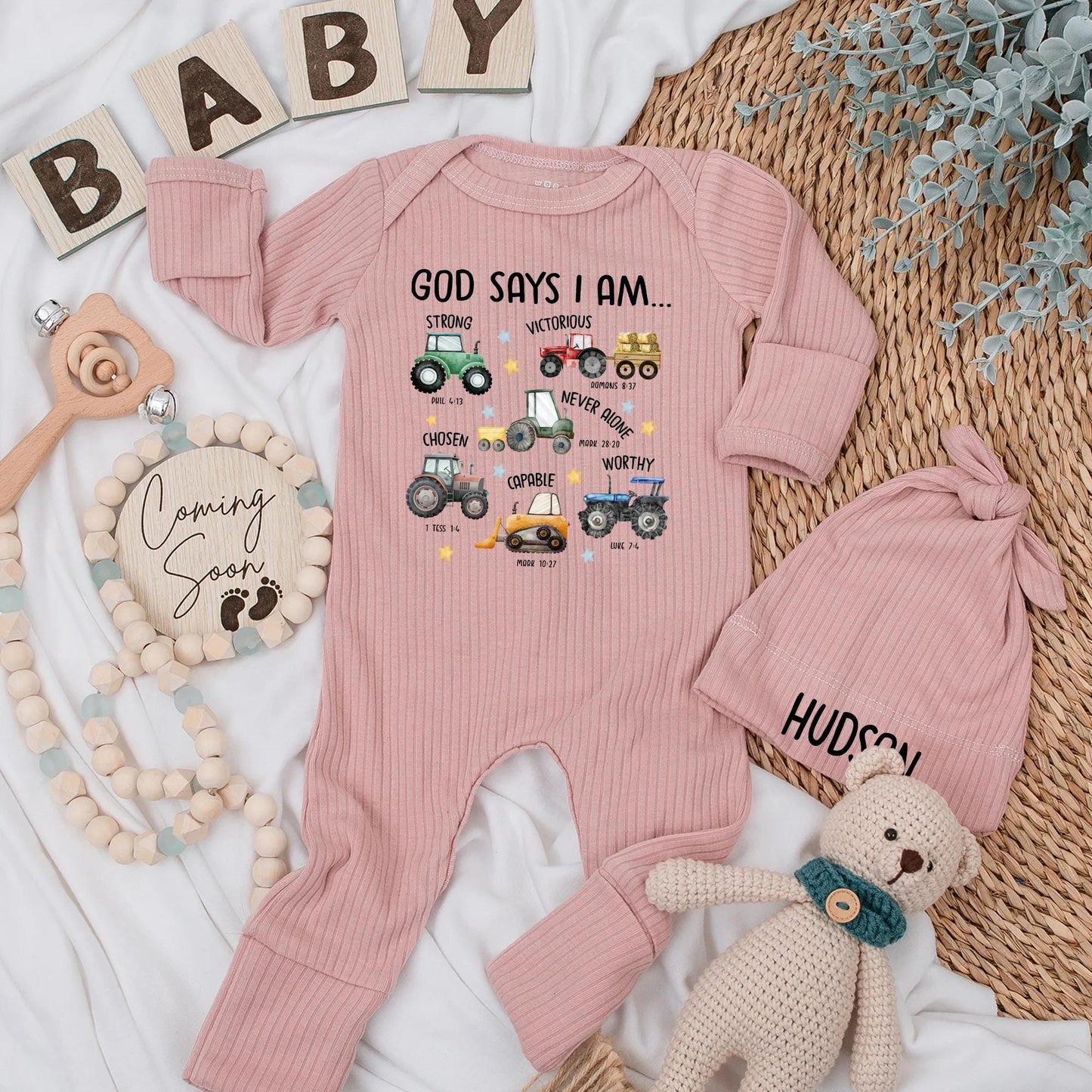 God Says I Am Baby Boy Bodysuit Farm Tractor Outfit Christian Gift Newborn Baby Shower, Bible Verse Romper