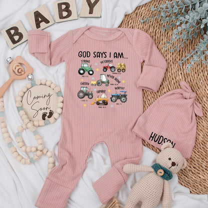 God Says I Am Baby Boy Bodysuit Farm Tractor Outfit Christian Gift Newborn Baby Shower, Bible Verse Romper