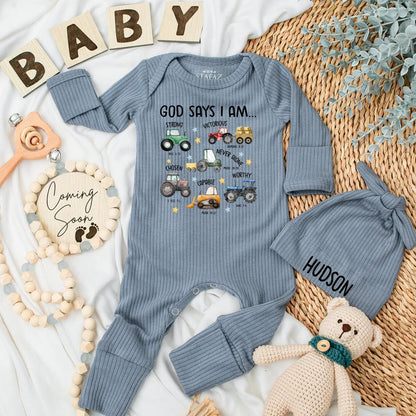 God Says I Am Baby Boy Bodysuit Farm Tractor Outfit Christian Gift Newborn Baby Shower, Bible Verse Romper