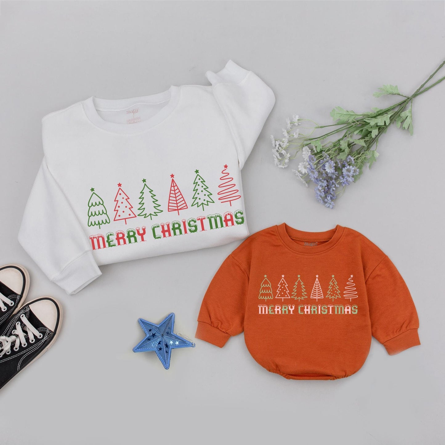 Matching Family Christmas Sweatshirts with Dripping Snow Letters Festive Holiday Pajamas Merry Christmas Tree Outfits, Cute Mommy and Me Matching Outfits 