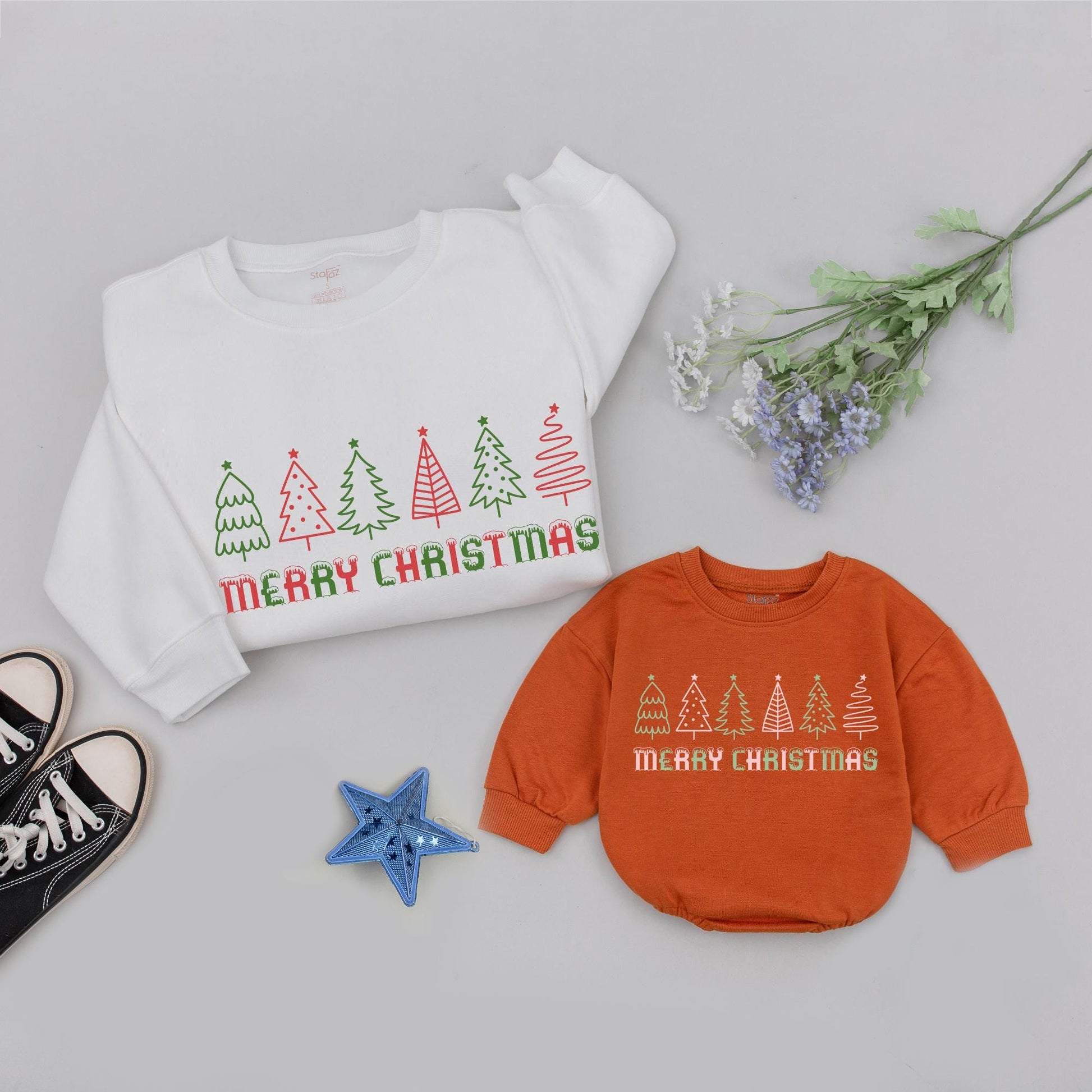 Matching Family Christmas Sweatshirts with Dripping Snow Letters Festive Holiday Pajamas Merry Christmas Tree Outfits, Cute Mommy and Me Matching Outfits 