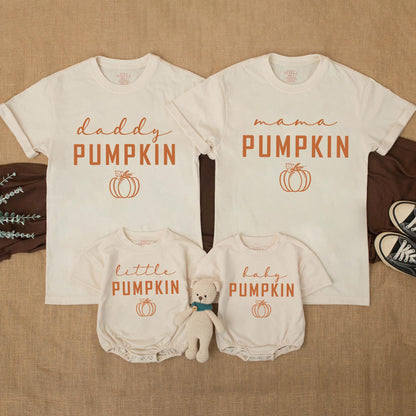 Matching Family Fall Pumpkin Shirts Mama Daddy Little Baby Thanksgiving Outfits with Warm Brown Bold PUMPKIN Text, Cursive Details and Curly Vines