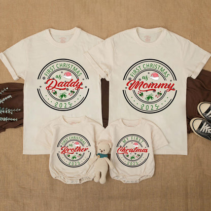 My First Christmas 2025 Personalized Family Matching Shirt for Mom Dad Brother Baby Vintage Festive Snowflakes Candy Canes