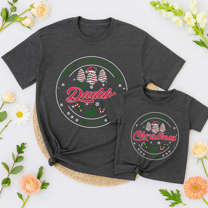 Personalized First Christmas Family Matching Shirt 2025 with Names Festive Red Green Tree Snowflake Bell Candy Cane Design Soft Cotton Holiday