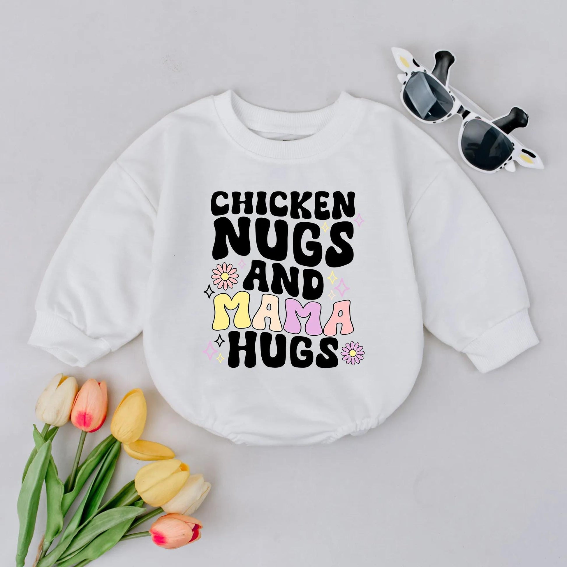 Chicken Nugs & Mama Hugs Bubble Romper Whimsical Retro Baby Toddler Clothes Cute New Mom Gift Gender Neutral