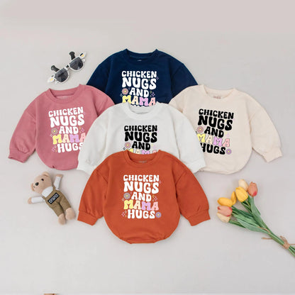 Chicken Nugs & Mama Hugs Bubble Romper Whimsical Retro Baby Toddler Clothes Cute New Mom Gift Gender Neutral