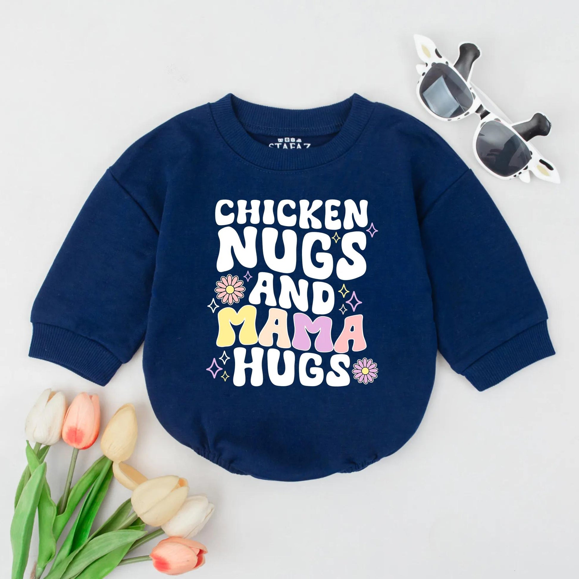 Chicken Nugs & Mama Hugs Bubble Romper Whimsical Retro Baby Toddler Clothes Cute New Mom Gift Gender Neutral