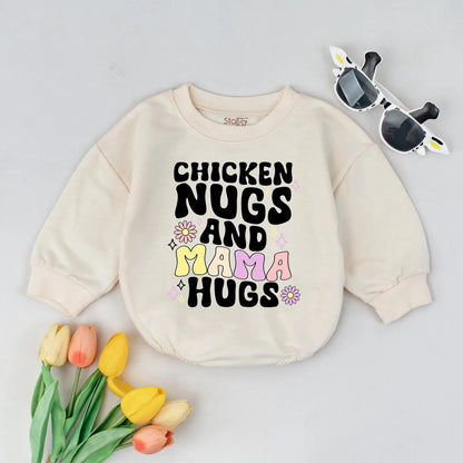 Chicken Nugs & Mama Hugs Bubble Romper Whimsical Retro Baby Toddler Clothes Cute New Mom Gift Gender Neutral