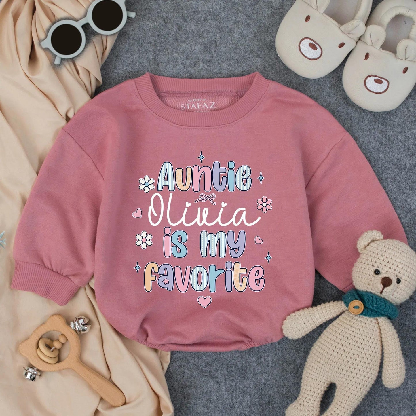 Customized Auntie Olivia is My Favorite Baby Romper Pastel Whimsical Font Cute Hand-drawn Design New Aunt Gift Infant Bodysuit Toddler Outfit