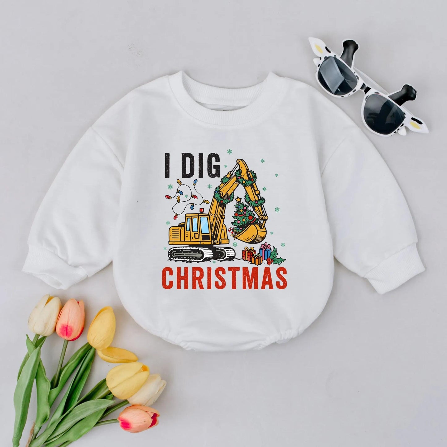 I Dig Christmas Bubble Romper Baby Boy Construction Truck Outfit Holiday Clothes Xmas Gift, Excavator Design, Baby Shower Present