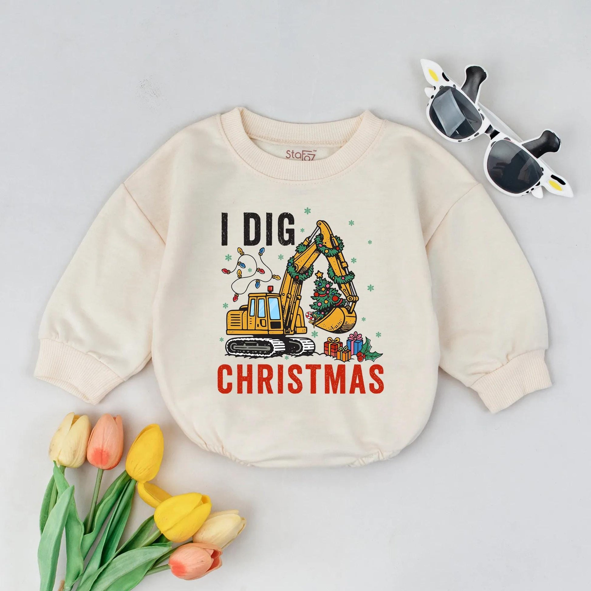 I Dig Christmas Bubble Romper Baby Boy Construction Truck Outfit Holiday Clothes Xmas Gift, Excavator Design, Baby Shower Present