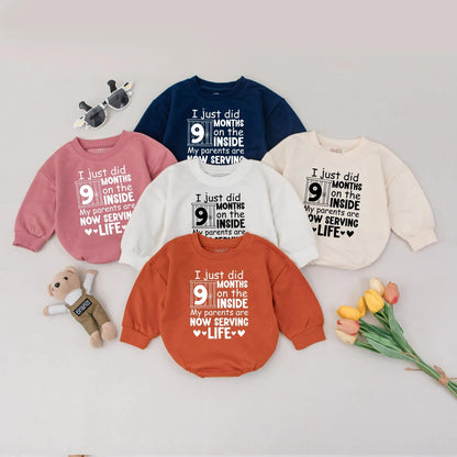 Funny Newborn Baby '9 Months On The Inside' Romper with Jail Bar Design Padlock Detail & 'Parents Serving Life' Text. Perfect Coming Home Outfit or Baby Announcement Gift Bodysuit.