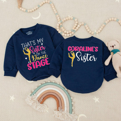 Custom Name Glitter Dance Sister Bubble Romper Matching Family Baby Gift Pink Gold Dancer Design Dance Team Outfit Toddler Girl Recital Present Playful Cute