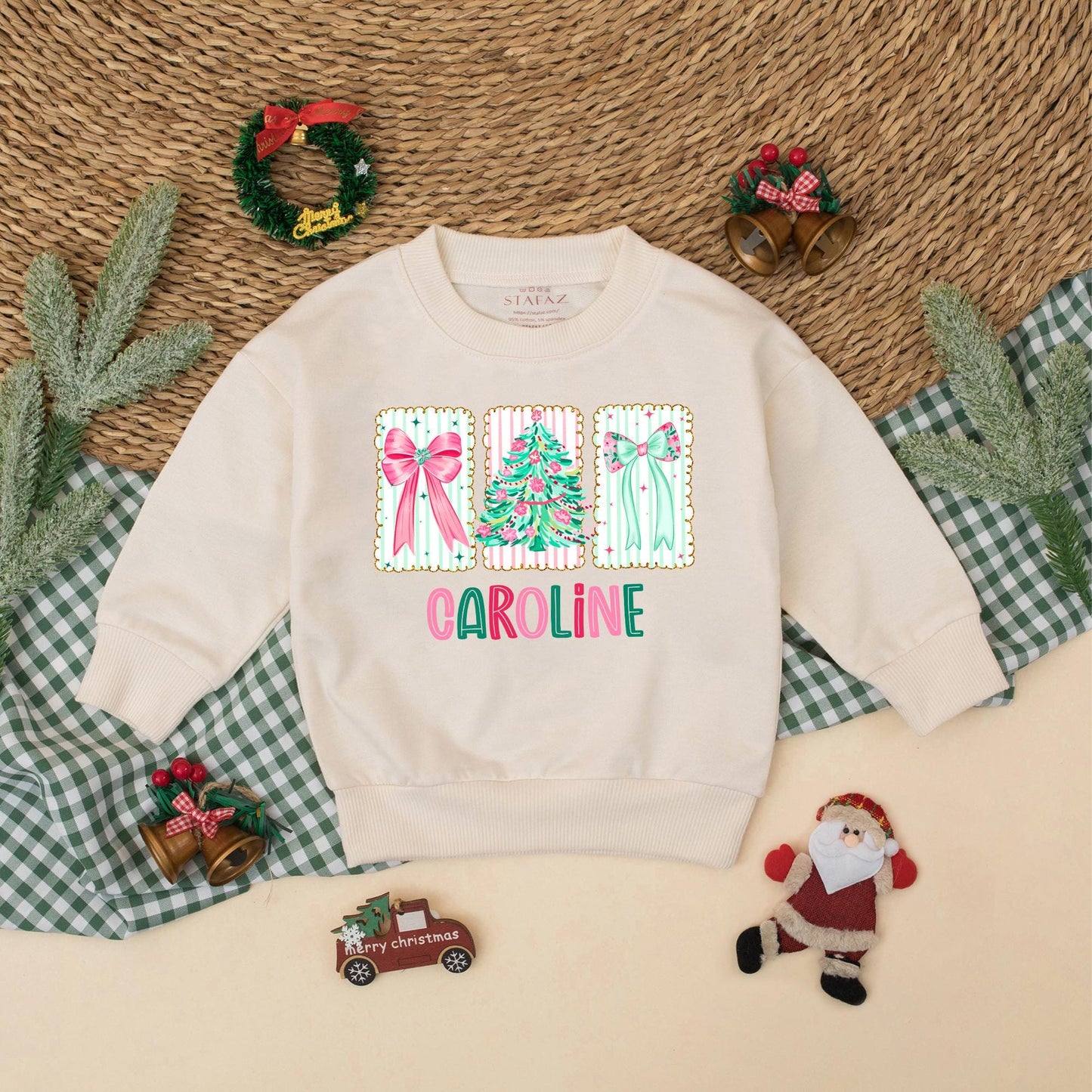 Personalized Christmas Romper for Baby Girl, Bow & Tree Outfit, Custom Name Xmas Bodysuit, Infant Holiday Clothing, Festive Toddler Gift, Caroline Design 138