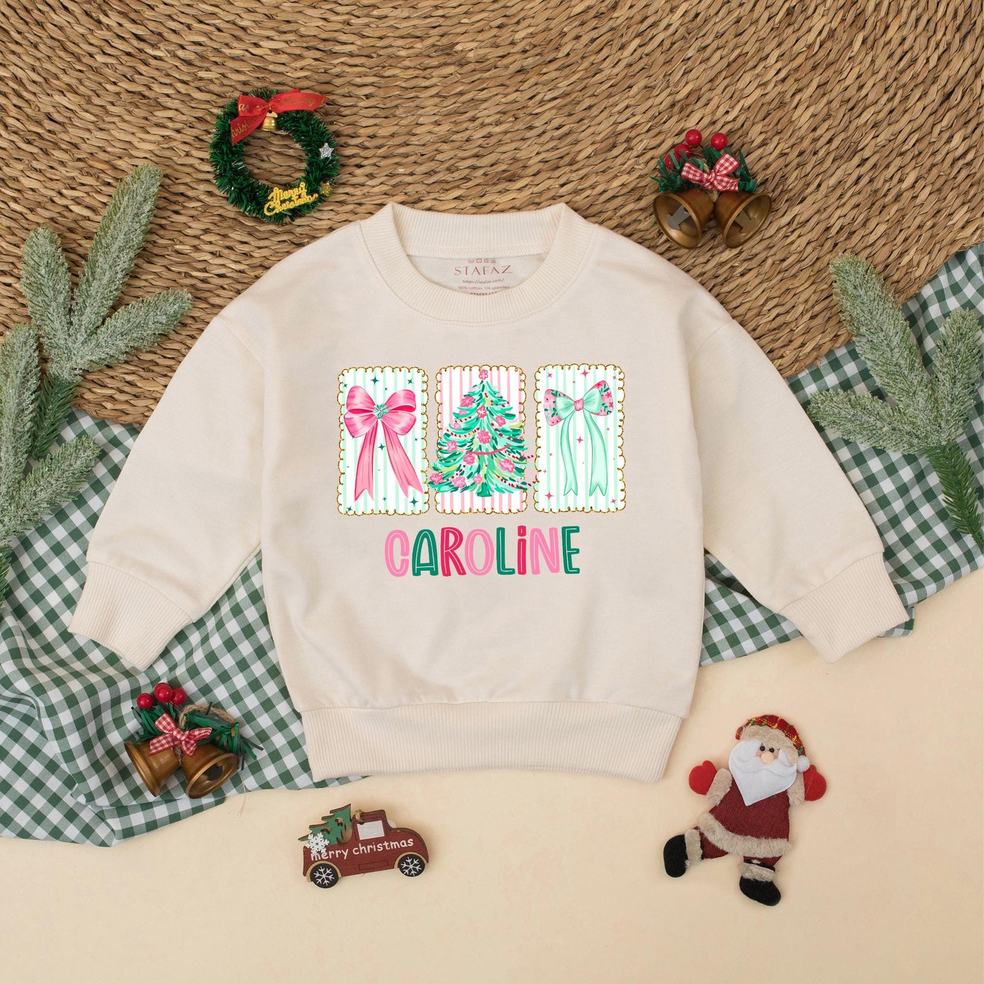Personalized Christmas Romper for Baby Girl, Bow & Tree Outfit, Custom Name Xmas Bodysuit, Infant Holiday Clothing, Festive Toddler Gift, Caroline Design 138