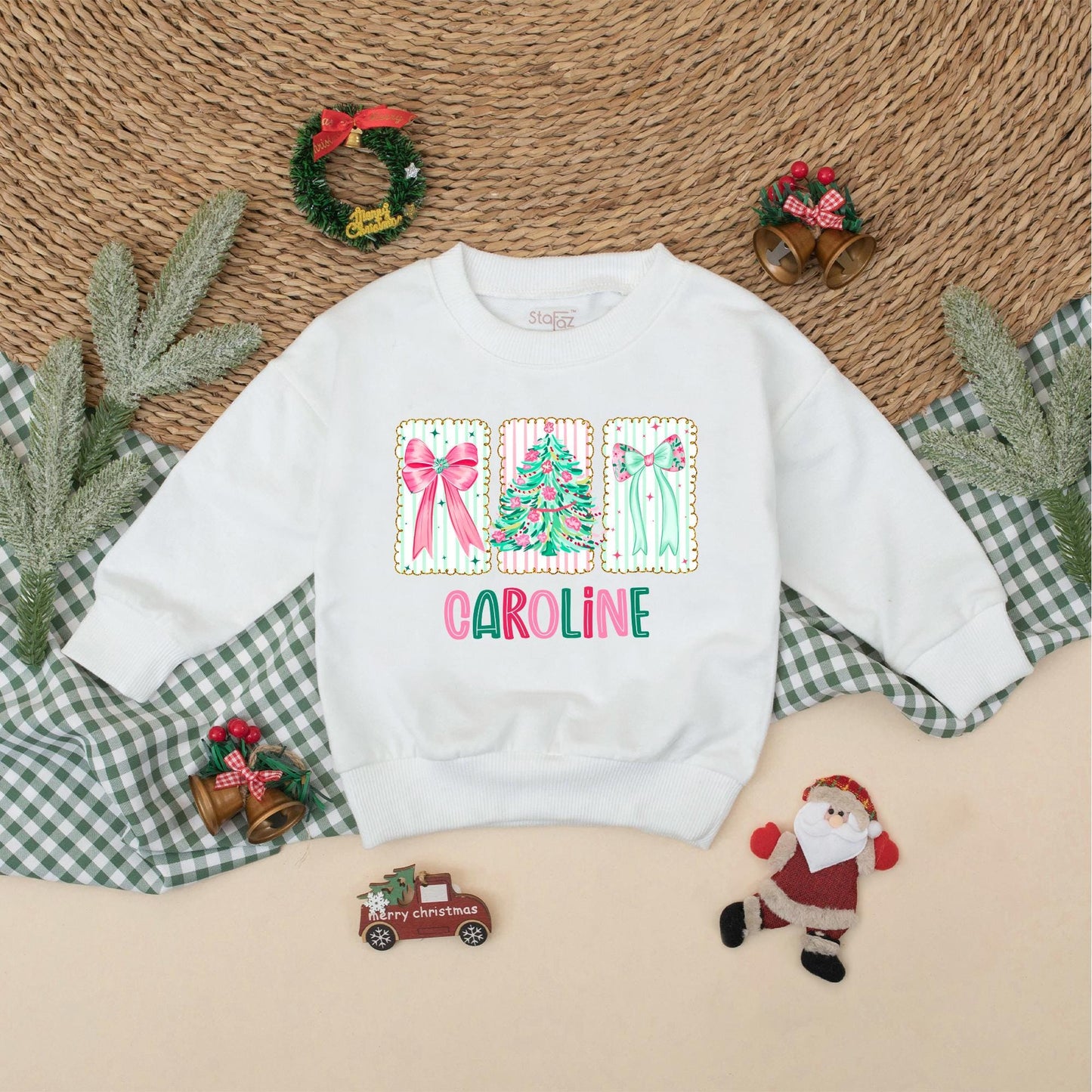 Personalized Christmas Romper for Baby Girl, Bow & Tree Outfit, Custom Name Xmas Bodysuit, Infant Holiday Clothing, Festive Toddler Gift, Caroline Design 138