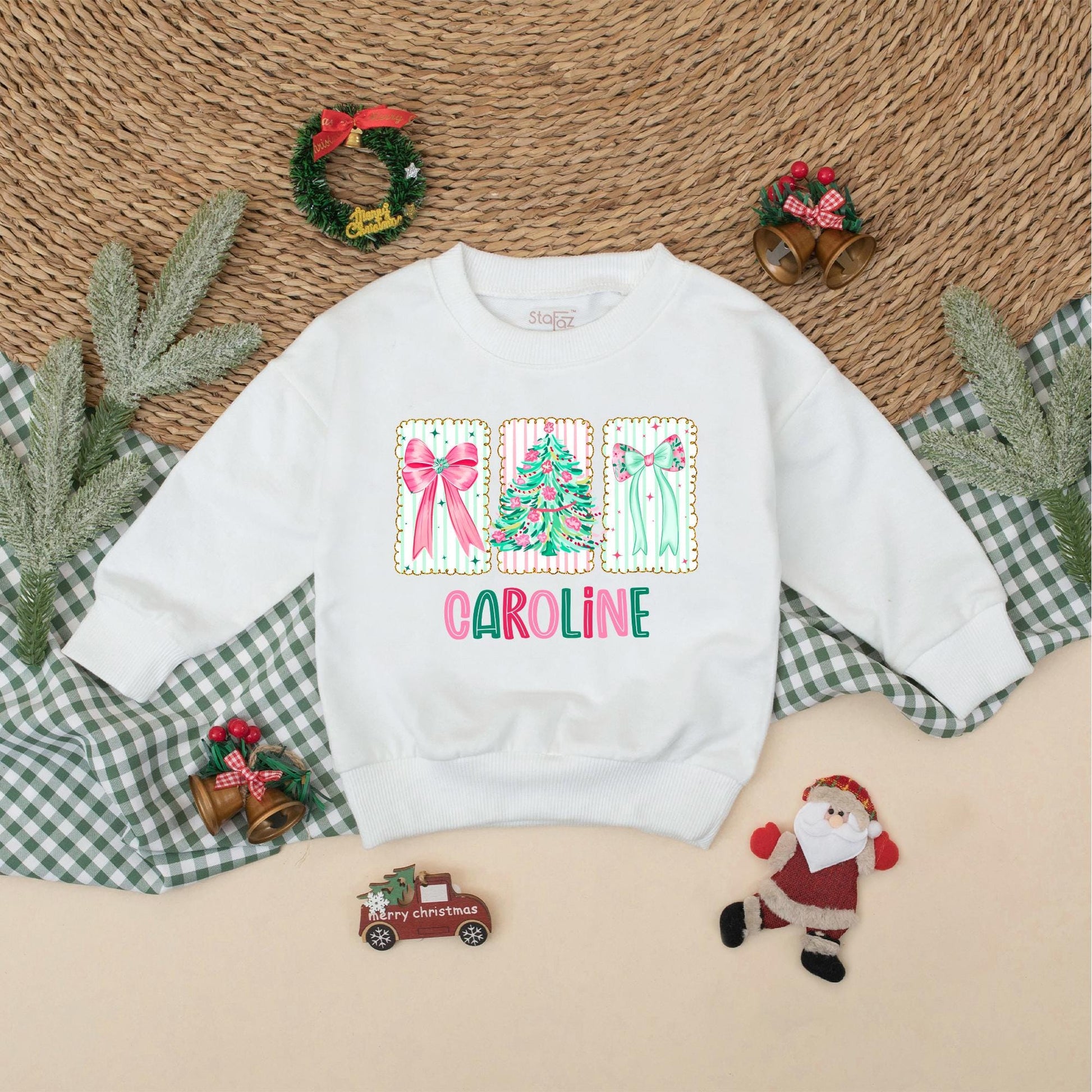 Personalized Christmas Romper for Baby Girl, Bow & Tree Outfit, Custom Name Xmas Bodysuit, Infant Holiday Clothing, Festive Toddler Gift, Caroline Design 138