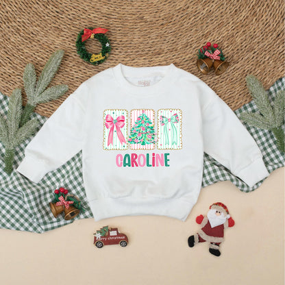 Personalized Christmas Romper for Baby Girl, Bow & Tree Outfit, Custom Name Xmas Bodysuit, Infant Holiday Clothing, Festive Toddler Gift, Caroline Design 138