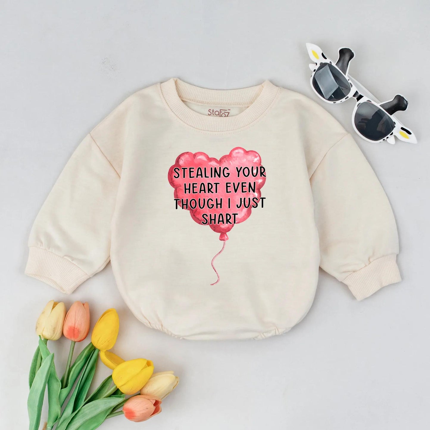 Stealing Heart Bubble Romper Baby Girl First Valentine's Day Outfit Funny Newborn Bodysuit Heart Balloon Design Gift