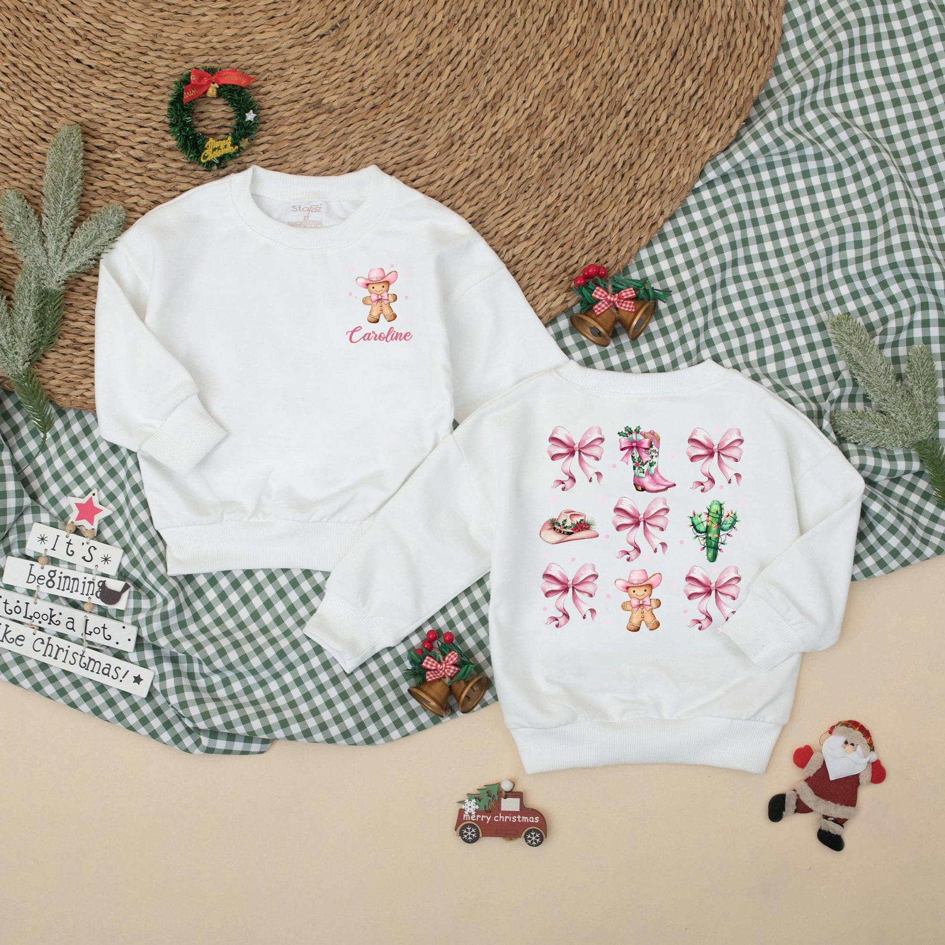 Caroline's Western Christmas Bow Romper for Baby Girl | Pink & Green Holiday Bodysuit, Cute Cowboy Xmas Outfit