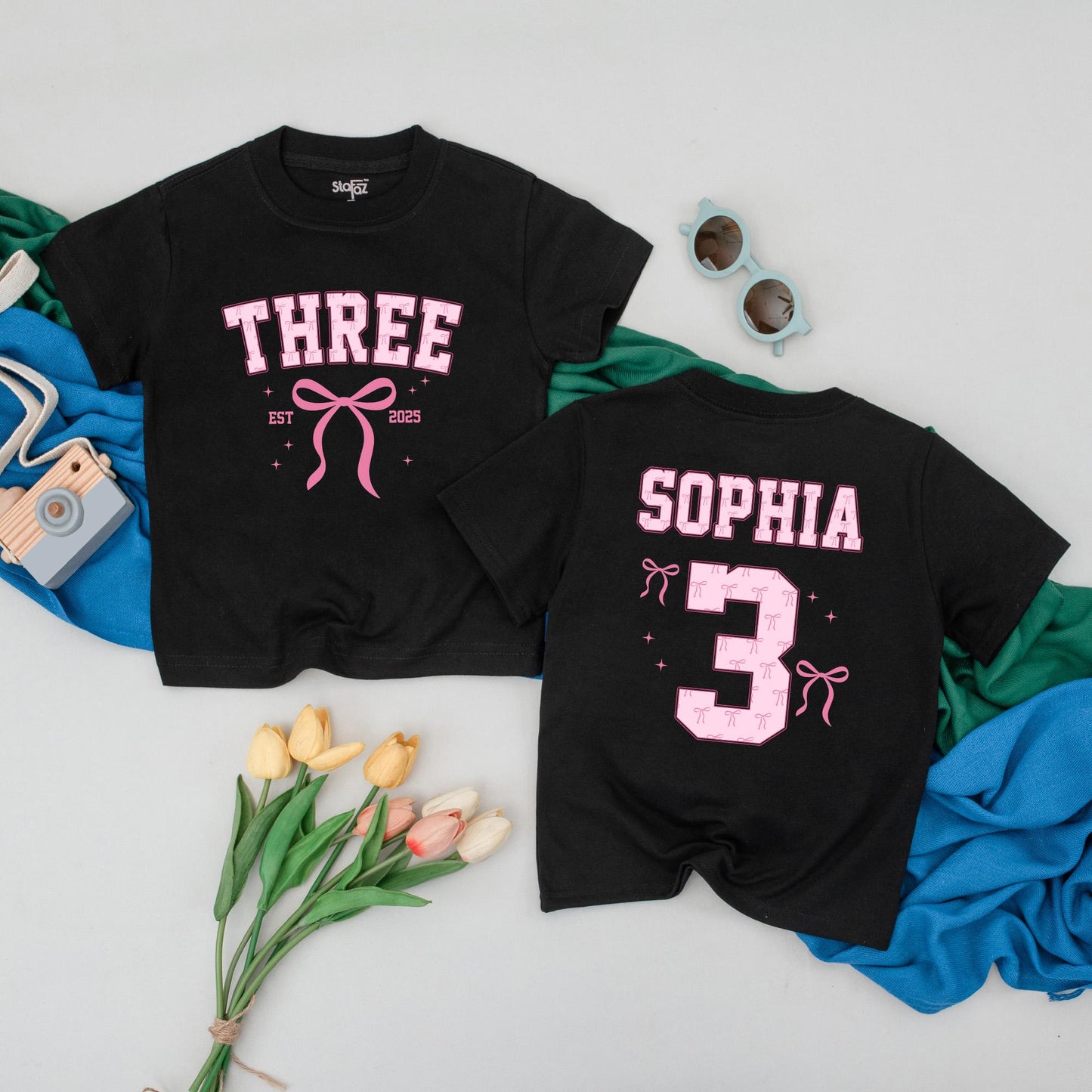 Personalized Three Birthday Girl Pink Bow Collegiate Third Birthday Outfit Toddler Tee Sophia 3 White Ink Stars EST 2025 Fun Gift