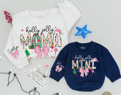 Holly Jolly Mama and Mini Matching Christmas Sweaters, Baby Girl Holiday Romper Outfit, Pink Snowflakes and Bows Family Sweaters Gift Set (139)