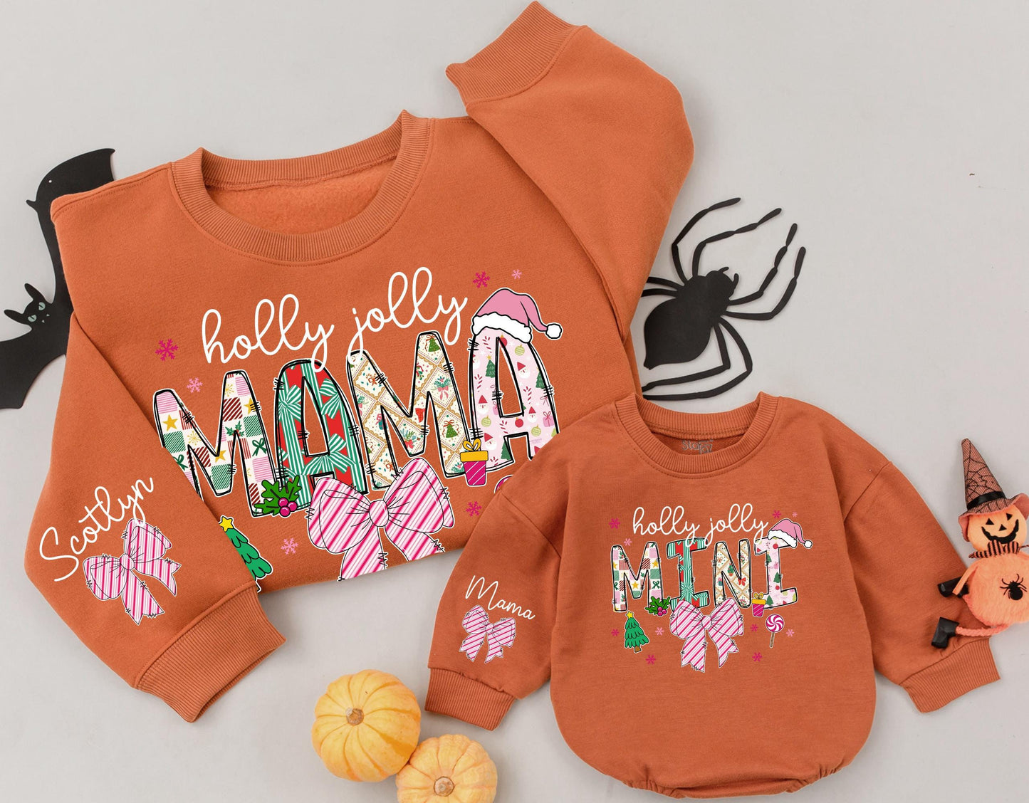 Holly Jolly Mama and Mini Matching Christmas Sweaters, Baby Girl Holiday Romper Outfit, Pink Snowflakes and Bows Family Sweaters Gift Set (139)