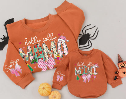 Holly Jolly Mama and Mini Matching Christmas Sweaters, Baby Girl Holiday Romper Outfit, Pink Snowflakes and Bows Family Sweaters Gift Set (139)