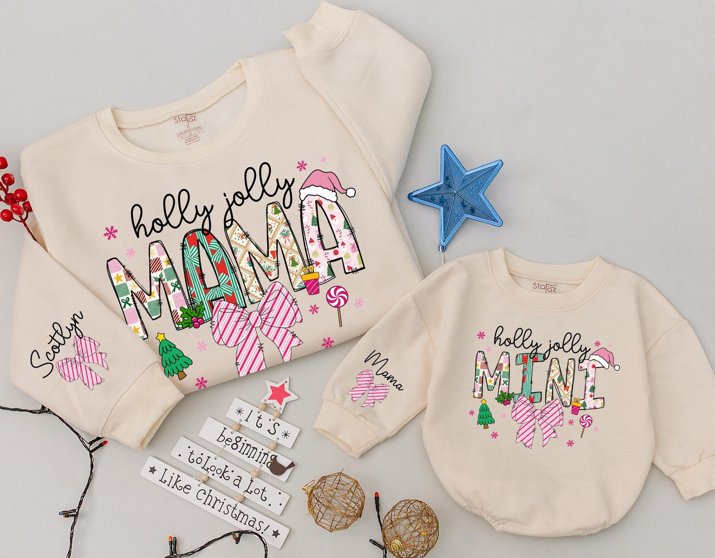Holly Jolly Mama and Mini Matching Christmas Sweaters, Baby Girl Holiday Romper Outfit, Pink Snowflakes and Bows Family Sweaters Gift Set (139)