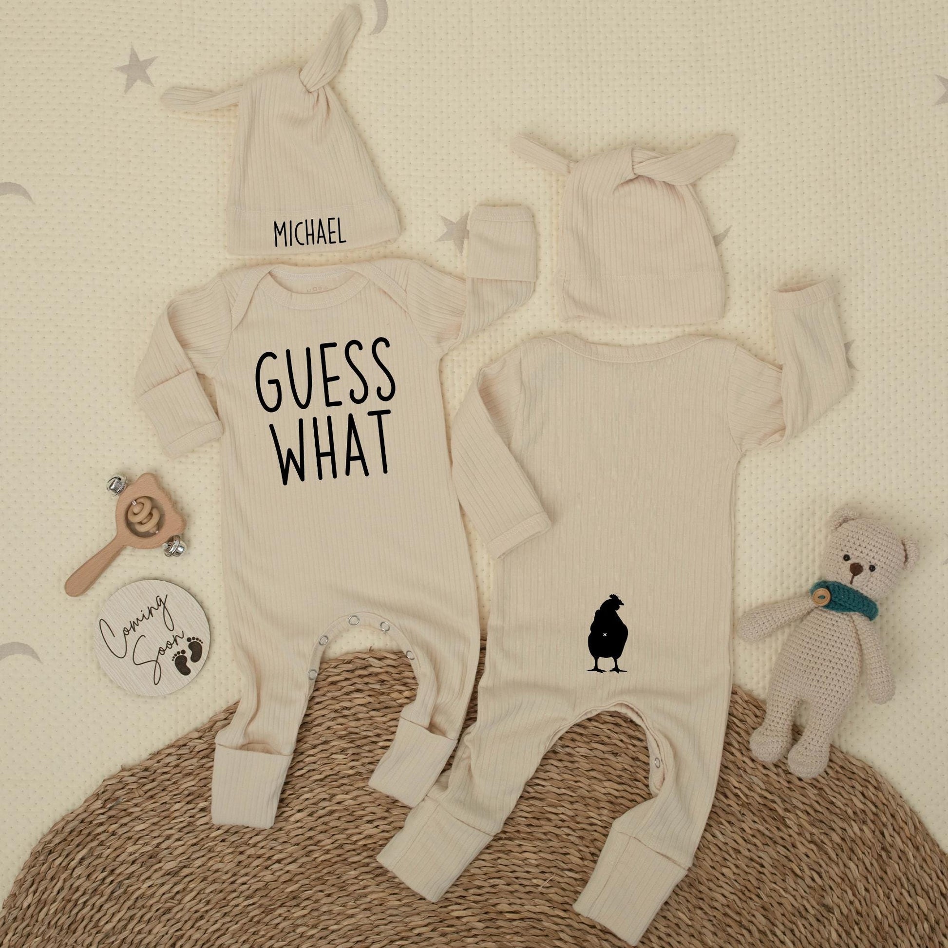 Custom Guess What Chicken Butt Bodysuit Funny Newborn Baby Outfit for Boys or Girls Soft Cotton Baby Shower Gift Coming Home Clothes