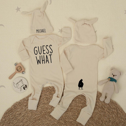 Custom Guess What Chicken Butt Bodysuit Funny Newborn Baby Outfit for Boys or Girls Soft Cotton Baby Shower Gift Coming Home Clothes
