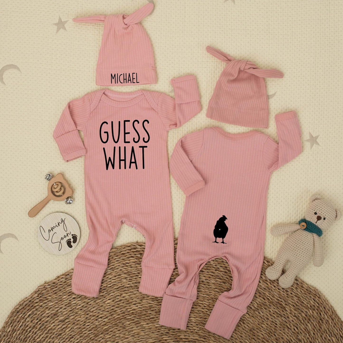 Custom Guess What Chicken Butt Bodysuit Funny Newborn Baby Outfit for Boys or Girls Soft Cotton Baby Shower Gift Coming Home Clothes