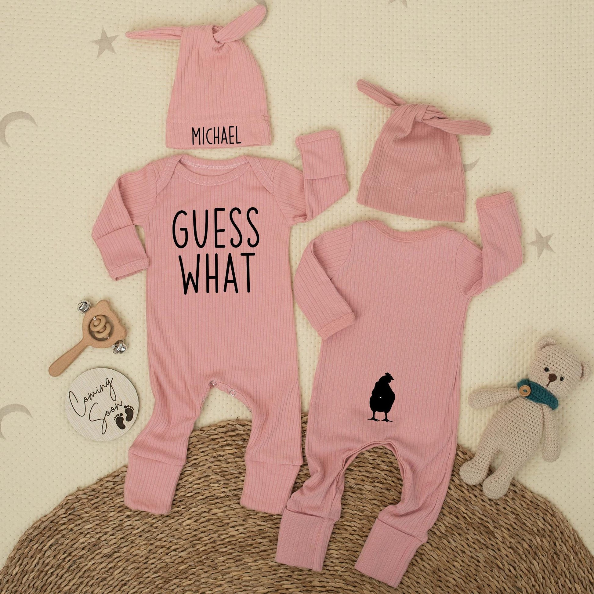 Custom Guess What Chicken Butt Bodysuit Funny Newborn Baby Outfit for Boys or Girls Soft Cotton Baby Shower Gift Coming Home Clothes